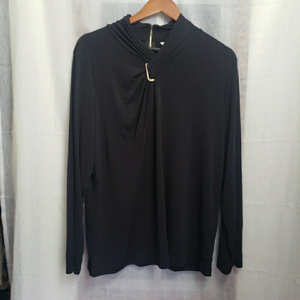 Liz Claiborne Black Long Sleeve Blouse Gold Pendant Neck Dressy Classic Size XXL